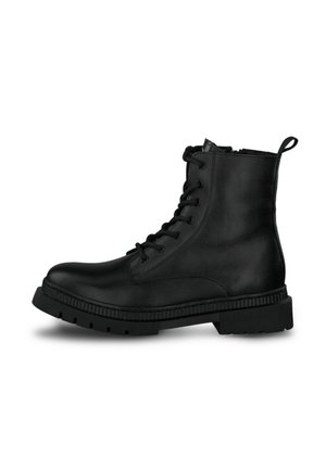 Bottines en cuir noir avec un bout rond, un laçage à l'avant et une semelle en caoutchouc texturé. Comprend une languette au talon pour un enfilage facile.
