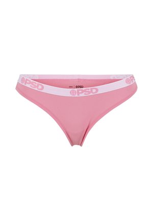 Ropa interior tipo bikini de color rosa con textura acanalada y una cinturilla elástica blanca con el logotipo PSD repetido en rosa.