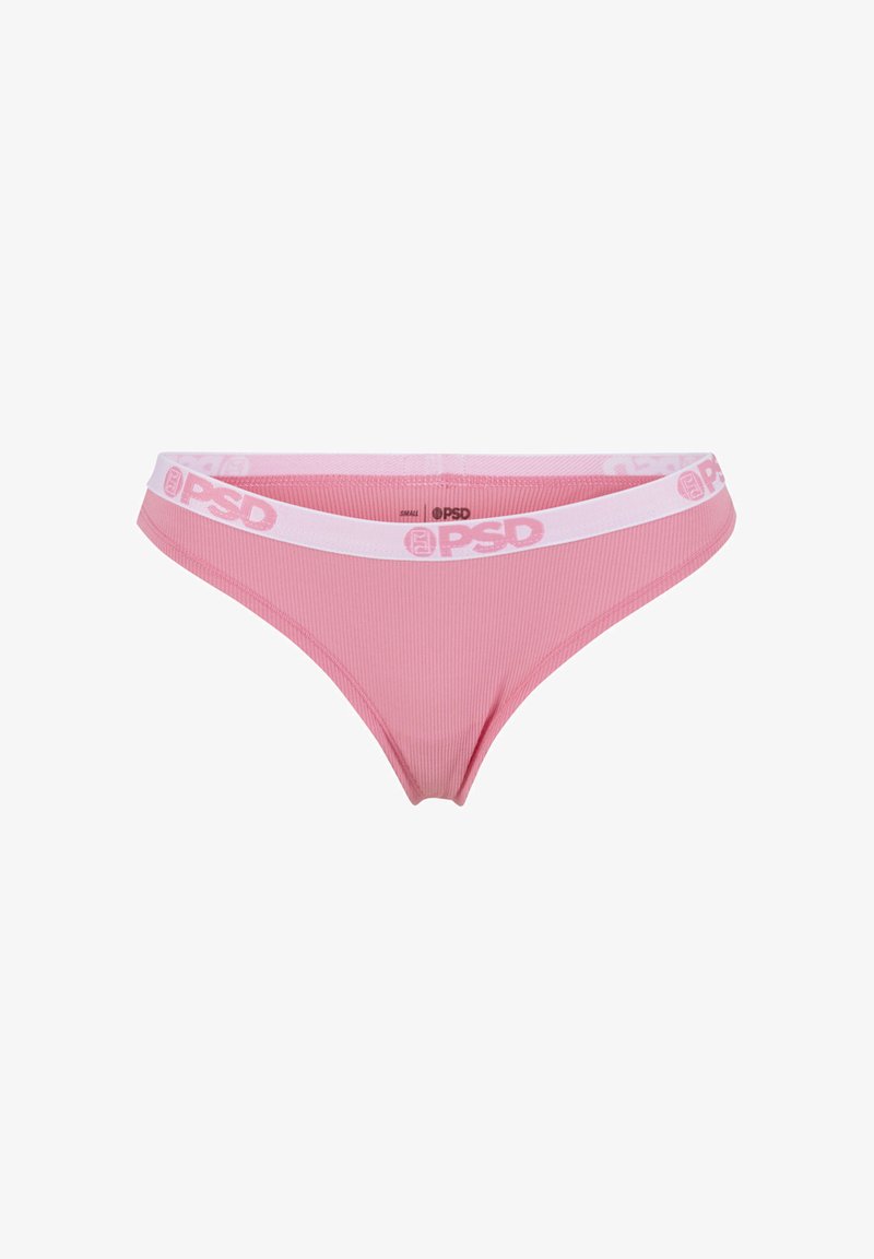 Sous-vêtement bikini rose côtelé avec taille élastique blanche présentant le logo PSD répété en rose.