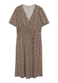 Vestido de estampado floral con escote en V profundo, mangas cortas y cintura elástica. Tejido suave, base marrón con flores moradas, rosas y amarillas.