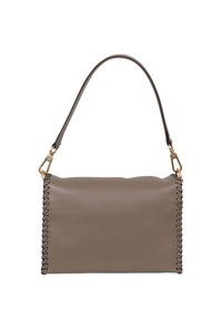 Leather handbag in muted taupe with a woven side detail. Features a single shoulder strap and gold-tone hardware accents.