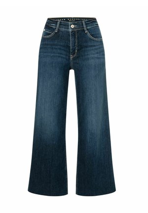 Donkerblauwe wijde jeans van denim, met een hoge taille, voorzakken, knoopsluiting en witte contrasterende stiksels.