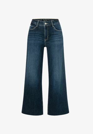 Donkerblauwe wijde jeans van denim, met een hoge taille, voorzakken, knoopsluiting en witte contrasterende stiksels.