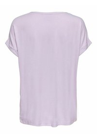 T-shirt corto lilla con scollo rotondo. Texture liscia e vestibilità rilassata, con maniche arrotolate e orlo dritto.