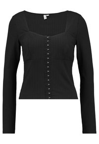 Musta ribattuhattu pitkähihainen toppi, jossa on neliön muotoinen pääntie ja metalliset napit etuosassa. Muotoiltu malli ja teksturoitu kangas.