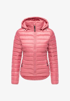 Roze gewatteerde jas met capuchon, voorrits en twee ritszakken aan de zijkant, ontworpen voor koud weer.