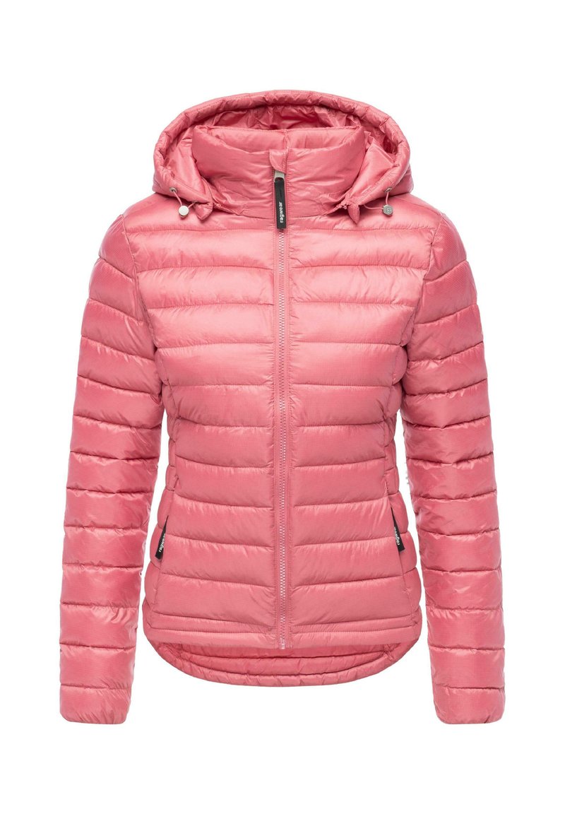 Różowa pikowana kurtka z kapturem, z zamkiem z przodu i dwiema zamykanymi kieszeniami bocznymi, zaprojektowana na zimne dni.