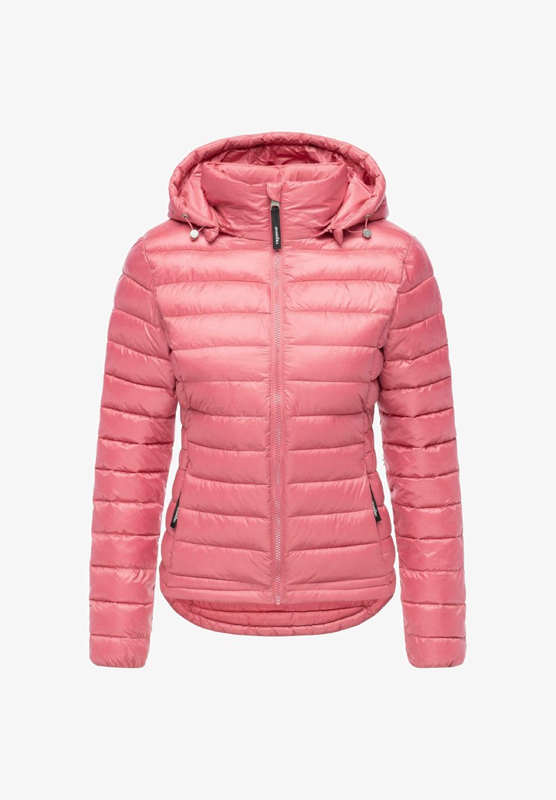 Różowa pikowana kurtka z kapturem, z zamkiem z przodu i dwiema zamykanymi kieszeniami bocznymi, zaprojektowana na zimne dni.