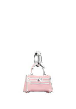 Silver and pink handbag charm with a small round clasp and arched handle on a white background.
