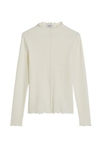 Kremowa bluzka z długim rękawem wykonana z miękkiej tkaniny. Ma falowany dekolt, prążkowaną teksturę oraz prosty dół.