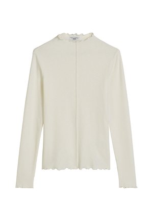 Langärmliges, cremefarbenes Oberteil aus weichem Stoff. Verfügt über einen gewellten Ausschnitt, eine gerippte Textur und einen geraden Saum am unteren Rand.