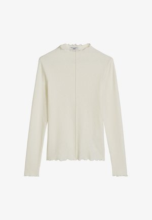 Langärmliges, cremefarbenes Oberteil aus weichem Stoff. Verfügt über einen gewellten Ausschnitt, eine gerippte Textur und einen geraden Saum am unteren Rand.