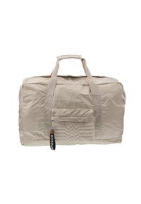 Béžová taška na duffle s texturovaným panely, horními madly, nastavitelným popruhem a zipovým uzávěrem. Logo detail na přední straně a odnímatelná visačka.