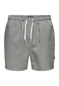 Schwarze und weiße Gingham-Badeshorts mit elastischem Bund, weißem Kordelzug und zwei Seitentaschen. Material aus Baumwollmischung.
