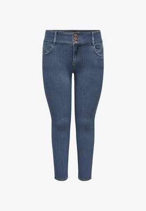 Džínsy s polovičným pásom, zapínanie na tri gombíky a dizajn s piatimi vreckami. Farba: stredne modrá. Úzky strih s jemnými prešívacími detailmi.