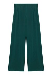 Hlače širokih nogavic temno teal barve, izdelane iz gladkega blaga; vsebujejo gube pri pasu. Oblikovanje je sproščeno, z dolžino do gležnjev.