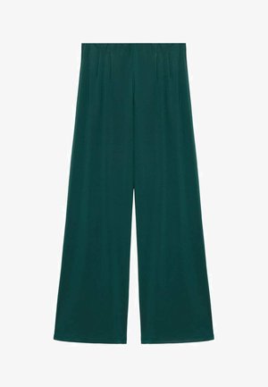 Wide-leg trousers in dark teal, made of smooth fabric; features pleats at the waist. The design is relaxed with an ankle-length cut.
