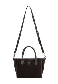 Borsa in suede nera con dettagli in pelle, manici corti e tracolla rimovibile. Presenta un logo sulla parte anteriore e una forma strutturata.