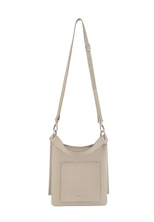 Beżowa skórzana torba na ramię o gładkim wykończeniu, z przednią kieszenią, regulowanym paskiem i srebrnymi dodatkami.