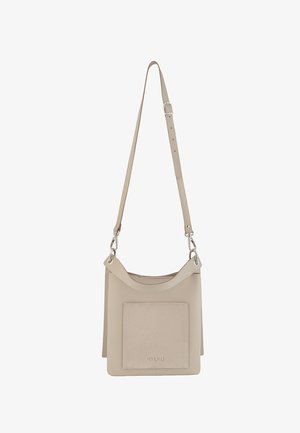 Bézs bőrből készült válltáska sima felülettel, elülső zsebbel, állítható pánttal és ezüst színű fém kiegészítőkkel.