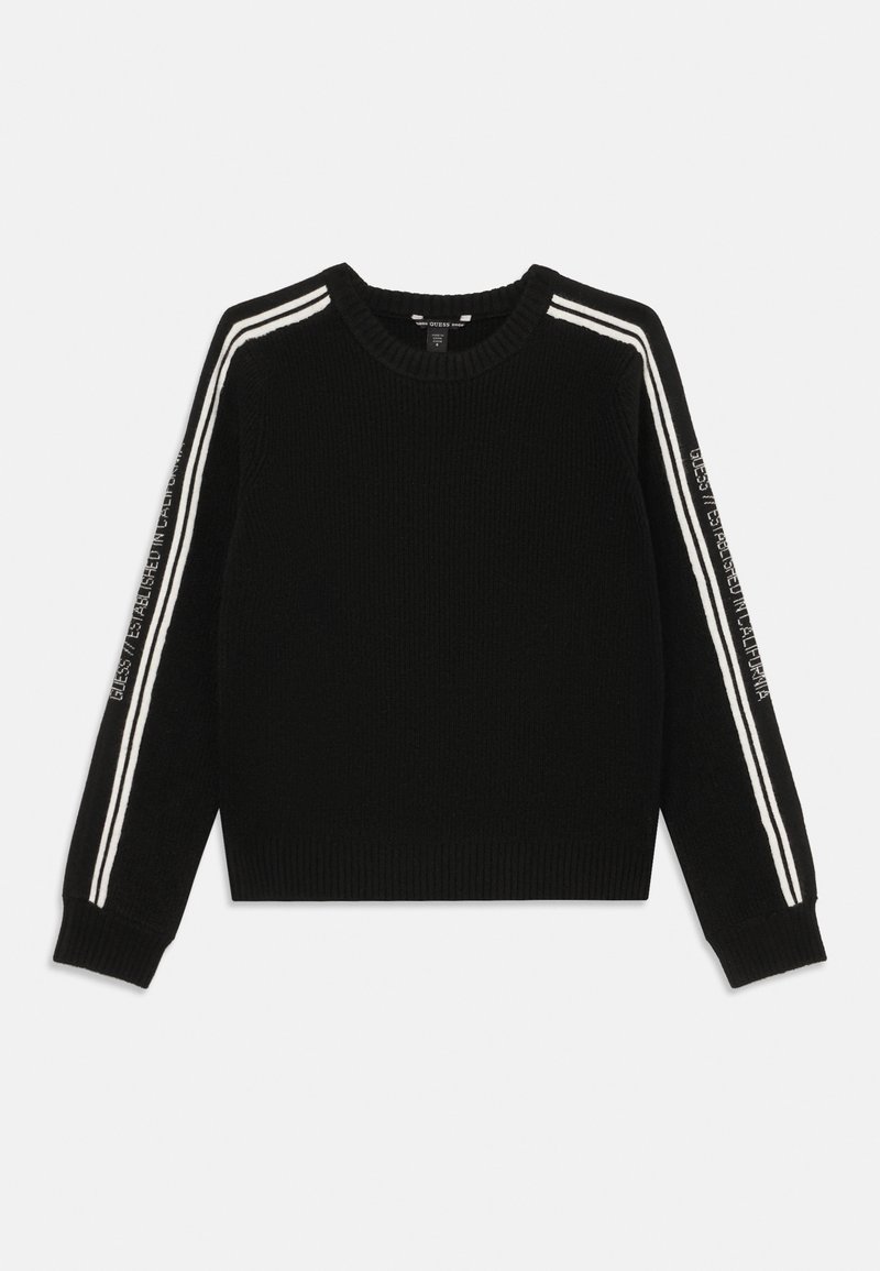 Maglione nero a maglia con strisce bianche sulle spalle e sulle maniche, con dettagli testuali sulla manica sinistra. Collo a giro, polsini e bordo a costine.