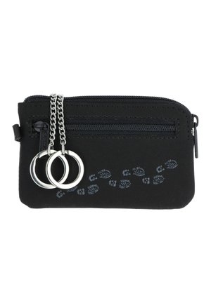 Black zippered pouch with two metal key rings on chains and a small zipper pocket, featuring a subtle printed footprint design.