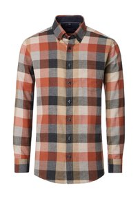 Langärmliges Hemd mit Knopfverschluss, orange, beige, braun und schwarz karierter Musterung und einer Brusttasche.