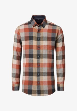 Langärmliges Hemd mit Knopfverschluss, orange, beige, braun und schwarz karierter Musterung und einer Brusttasche.