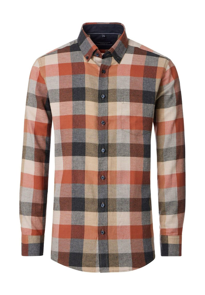 Langärmliges Hemd mit Knopfverschluss, orange, beige, braun und schwarz karierter Musterung und einer Brusttasche.
