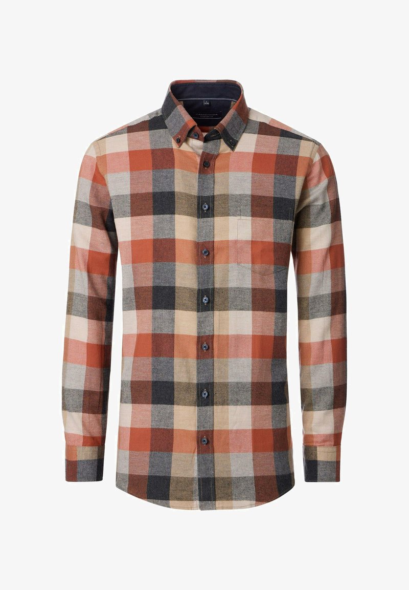 Langärmliges Hemd mit Knopfverschluss, orange, beige, braun und schwarz karierter Musterung und einer Brusttasche.