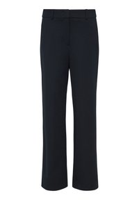 Donkerblauwe, rechte broek met een platte voorkant, riemlussen en een gladde textuur. Geen zichtbare zakken of versieringen.