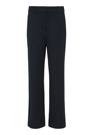 Pantalon droit bleu foncé avec une taille plate, des passants de ceinture et une texture lisse. Aucune poche visible ni embellissements.