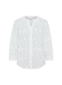 Weiße Bluse mit floralen Stickereien, langen Ärmeln, Knopfleiste und V-Ausschnitt. Leichter, transparenter Stoff mit zarter Textur.