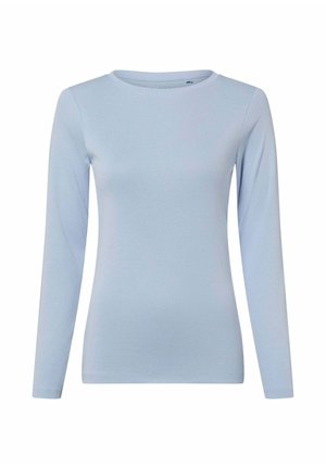 Light blue long-sleeve fitted shirt with a round neckline, displayed on a white background.