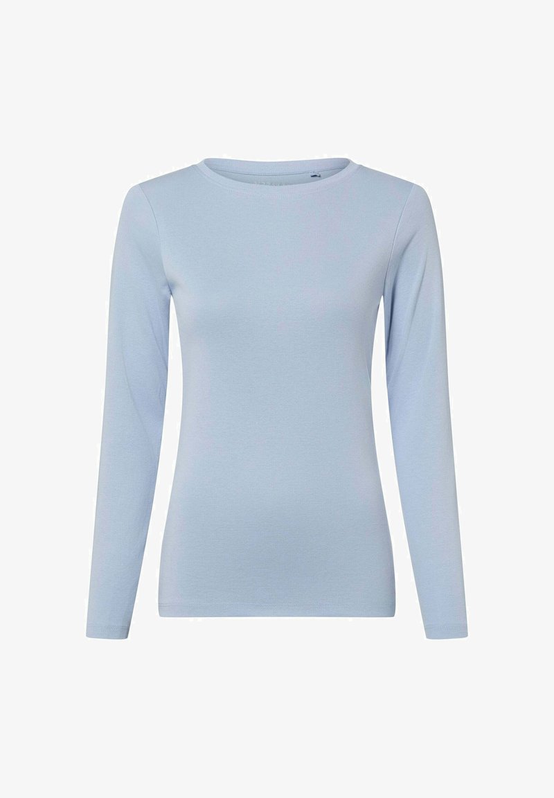 Jasnoniebieska dopasowana koszula z długim rękawem i okrągłym dekoltem, przedstawiona na białym tle.