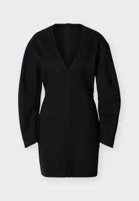 Zwarte jurk met lange mouwen, diepe V-hals, nauwsluitende taille en naaddetails op de mouwen en het lichaam, weergegeven op een effen witte achtergrond.