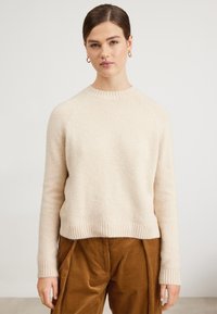 Beige gestrickter Pullover mit runden Ausschnitt, gerippten Bündchen und cropped Saum. Weiche Textur mit leicht flauschigem Finish.
