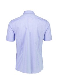 Korte mouw shirt in licht lila stof met kleine witte stippen, met een puntige kraag en een aansluitend ontwerp voor een tailormade uitstraling.