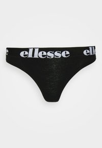 String noir avec une ceinture élastique blanche portant le nom de la marque "ellesse" imprimé en motif répétitif. Texture lisse.