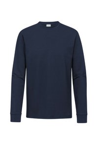 Navyblaues Langarmshirt mit Rundhalsausschnitt, gerippten Bündchen und schlichter Vorderseite auf weißem Hintergrund.
