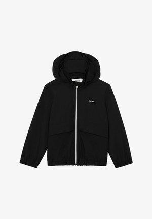 Čierna ľahká bunda na zips s elastickými manžetami a spodným lemom, pripevnenou kapucňou a malým bielym logom "REISS" na ľavej strane hrudníka.