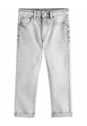 Jean en denim gris clair avec ourlets retournés, fermeture à boutons devant, passants de ceinture et design à cinq poches.