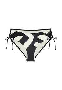 Czarno-kremowe majtki bikini z geometrycznym wzorem, regulowanymi bocznymi sznurkami oraz teksturowanym wykończeniem z akcentującym logo.
