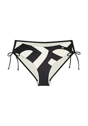 Czarno-kremowe majtki bikini z geometrycznym wzorem, regulowanymi bocznymi sznurkami oraz teksturowanym wykończeniem z akcentującym logo.