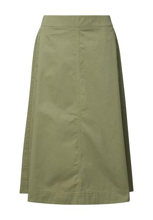 Olijfgroene midi-rok in A-lijn met zichtbare stiksels langs de voorste naad en een rechte tailleband.