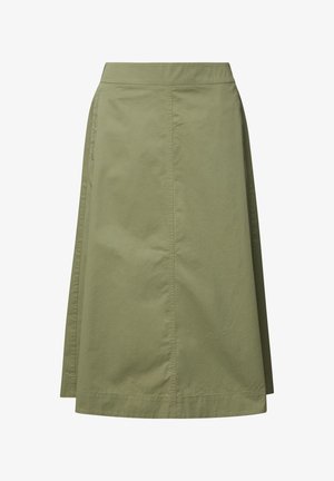 Jupe midi trapèze vert olive avec couture visible sur la couture avant et taille droite.
