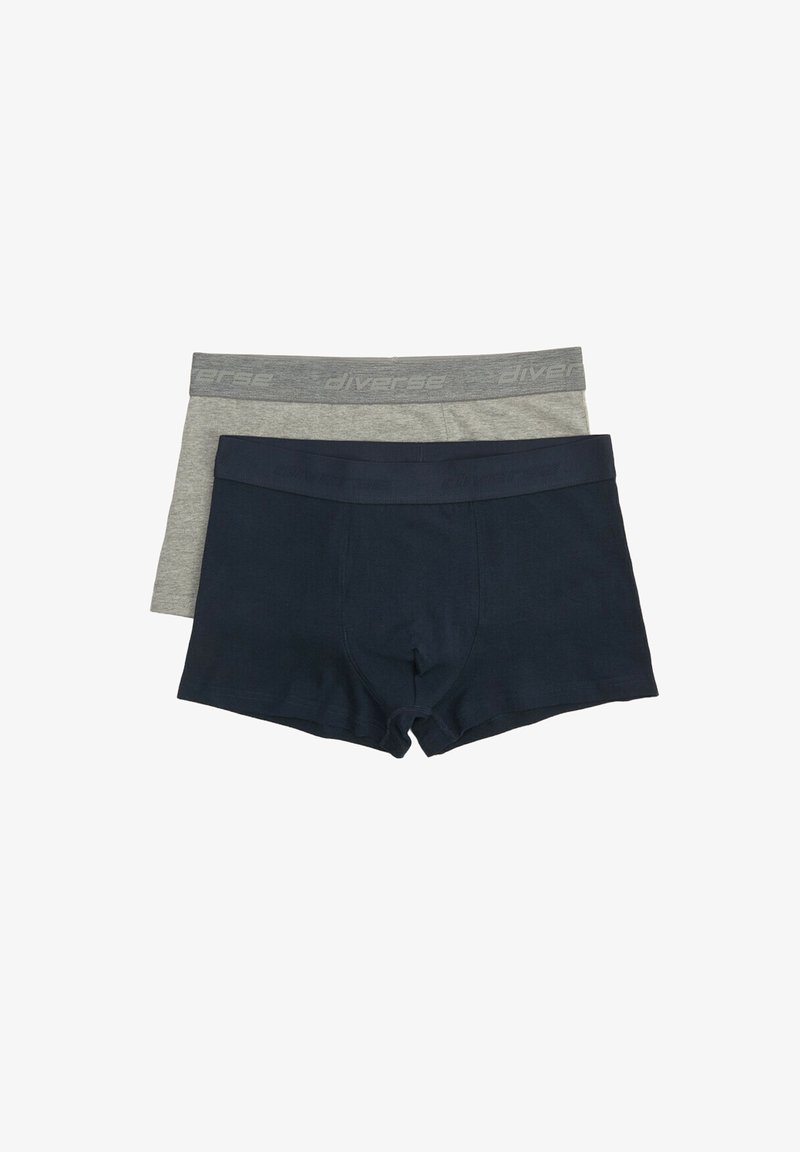 Zestaw bokserków w kolorach granatowym i szarym. Wykonane z miękkiego materiału z elastycznymi pasami w talji z napisem "różnorodny". Klasyczny, dopasowany kształt.