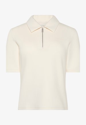 Tricou polo crem cu mâneci scurte, cu fermoar argintiu în față și guler clasic.
