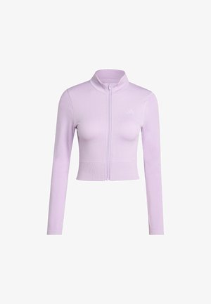Top a manica lunga color lilla chiaro con zip e design aderente, texture a coste e colletto alto. Presenta un piccolo logo bianco sul petto.