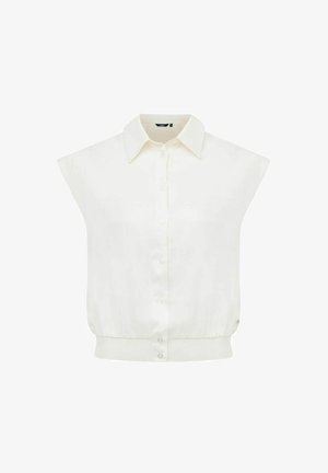 Blouse blanche sans manches avec col, boutonnage sur le devant et ourlet cintré à la taille.